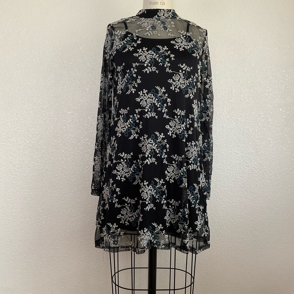 Sheer Floral Dress with Black Slip, Size: Small